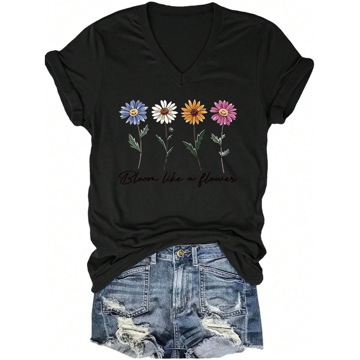 

SHEIN LUNE Plus Size Women s Casual V-Neck Short Sleeve T-Shirt With Daisy Flower & Letter Print, Fresh & Simple Spring Summer Black Top XXXXXL чорний