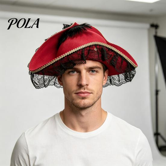 Retro Pirate Hat Halloween Hat, Captain Costume Accessory, with Burgundy Lace Gothic And Feathered Decor, Lightweight Vintage Style Buccaneer