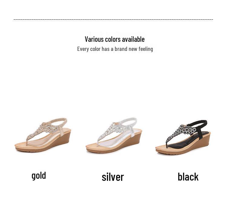 2026 Bohemian Rhinestone Wedge Sandals - Korean Style, Thick Sole for Women