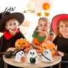 Whimsical Halloween Table Decor 3Pcs Sweet Ghost Decor, Wooden Cute Figurines with Candy Rustic Tabletop Pumpkin & Cauldron, Centerpiece for