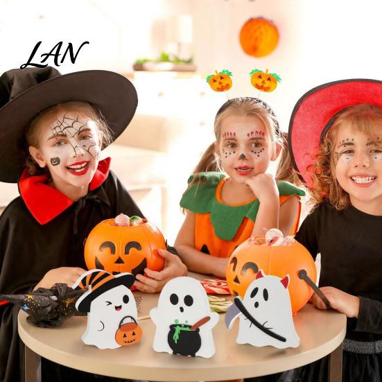 Whimsical Halloween Table Decor 3Pcs Sweet Ghost Decor, Wooden Cute Figurines with Candy Rustic Tabletop Pumpkin & Cauldron, Centerpiece for
