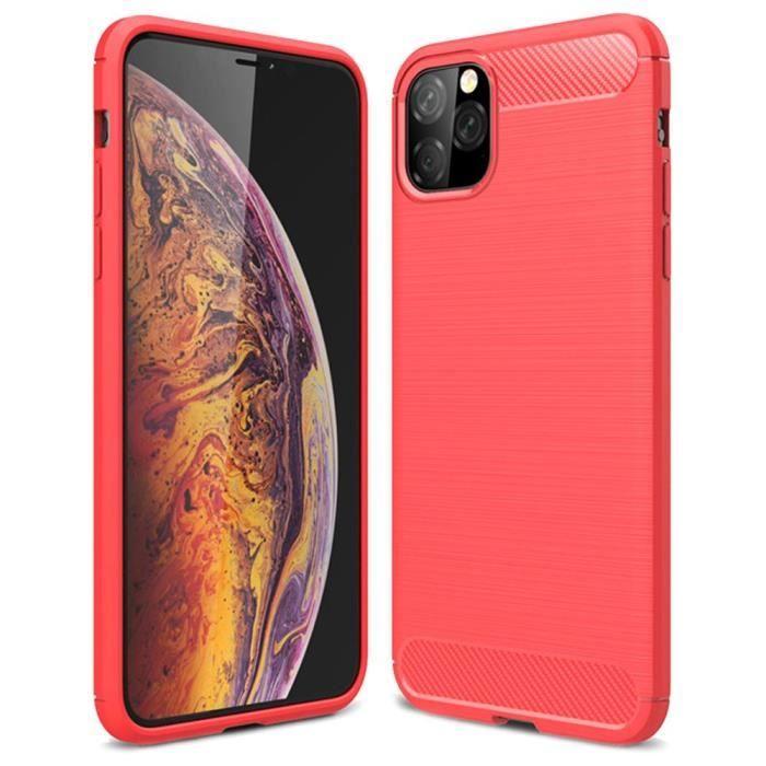 Coque Silicone + Verre Trempé pour iPhone 12, Motif Fibre de Carbone Souple Antichoc - Rouge