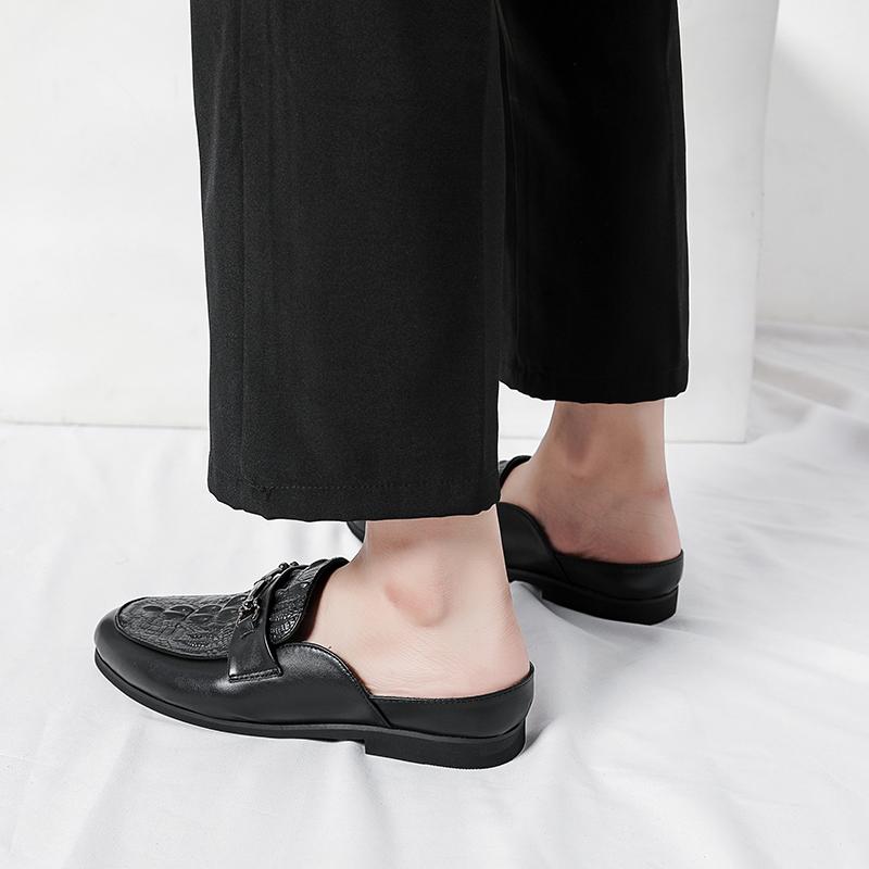 Mules Shoes Men PU Embossed Metal Buckle Decoration Low Heel Daily Men Casual Half Headed Sandals Large 38-48