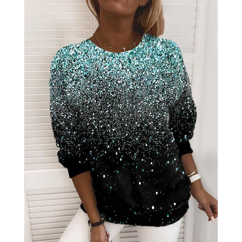 

Круглый вырез 3D сверкающий принтованный топ модные повседневные длинные рукава женские футболки 5XL