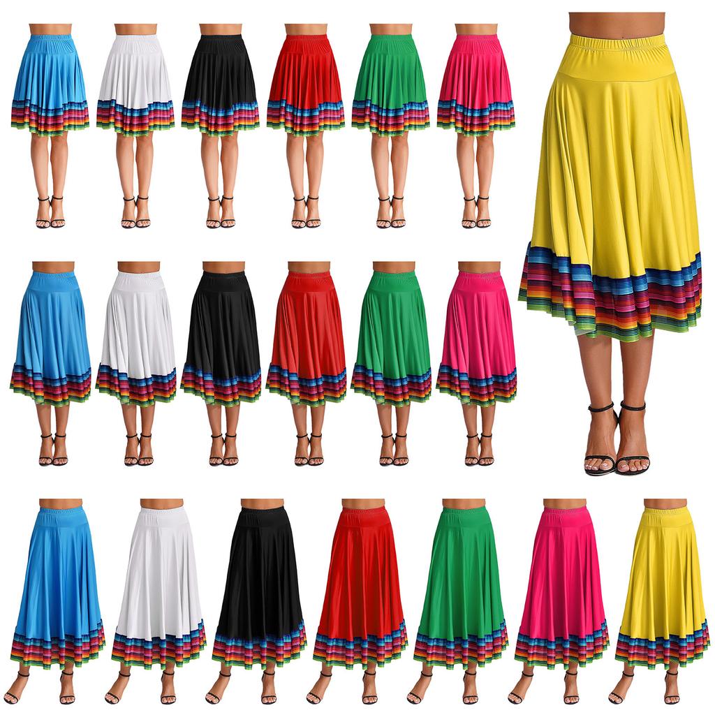 Womens Flamenco Dance Skirt Colorful Stripe Hem Elastic Waistband Folk Dancing Stage Performance Costume
