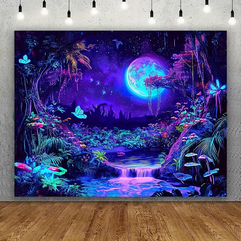 2D Blacklight Trippy Forest Tapestry Galaxy Moon Waterfall Glow In the Dark Wall Hanging
