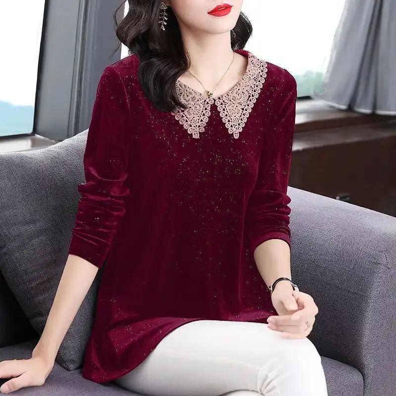 Baby Doll Collar Gold Velvet Bottoming Shirt Women's Long-sleeved T-shirt Spring and Autumn New Fashion Large Size Black Top