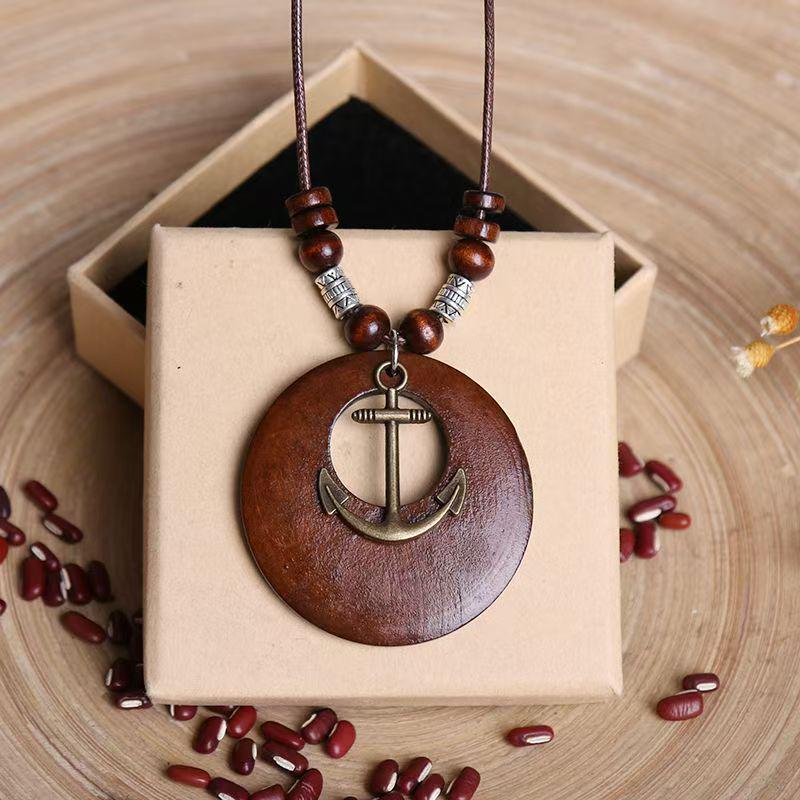 Retro Leather Rope Necklace with Wooden Alloy Pendant for Cotton and Linen Sweaters
