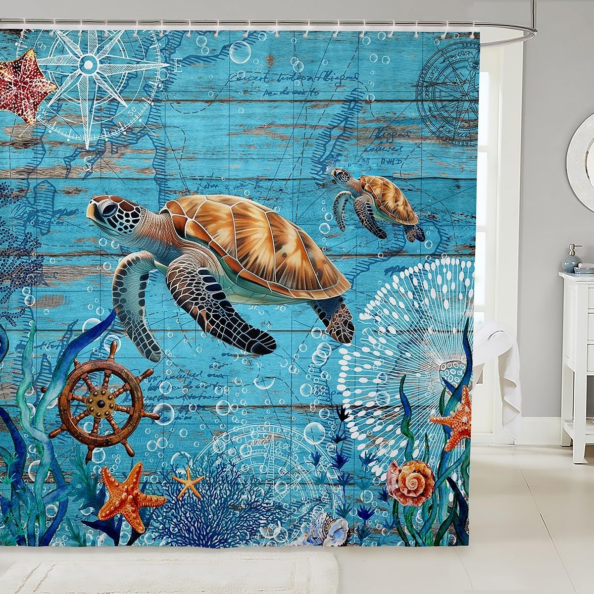

Sea Turtle Shower Curtain Ocean Theme Nautical Decor Marine Life Art Beach Bathroom Linen160X200 W60H190(CM)-1 Pcs