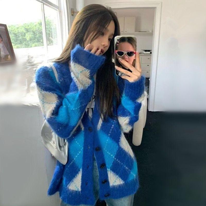 Cardigan de toamnă/iarnă, cu carouri cu diamante, pulover cu contrast, cu decolteu în V, largi, lungime mijlocie, tricotată, pulover pentru femei, haină pentru femei