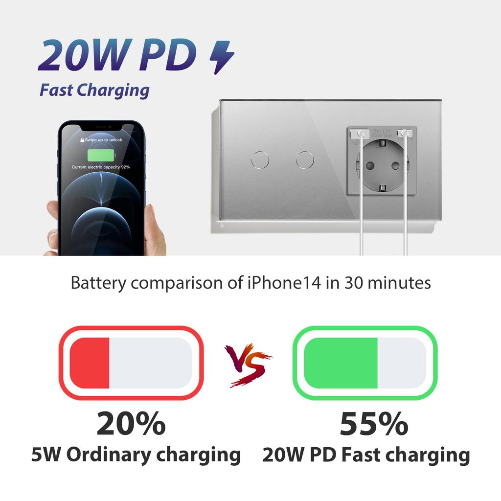 BSEED 1/2/3pólový dotykový vypínač světla 1pólový senzorový vypínač se zásuvkou EU USB Type-C 20W rychlé nabíjení Modré podsvícení Skleněný panel