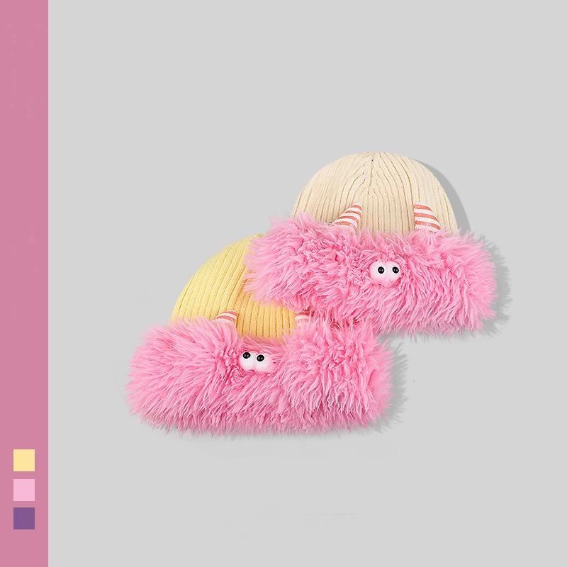 Cute and funny plush knitted hat children keep warm in winter new little monster horn ear protector hat shows small face