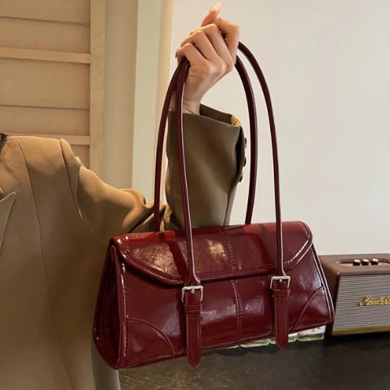 Trend Burgundy Oil Wax Leather Shoulder Bag Elegant Luxury Women's Underarm bag Commuter Gorgeous Ladies Tote Bags HandBag