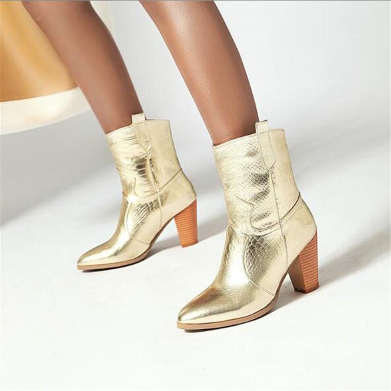 Goldfarbene Stiefeletten mit Schlangenmuster für Damen Keilabsatz Hohe Absätze Stiefel Frau Klobige Absätze Botas Damen Westernstiefel Große Größe 34-46