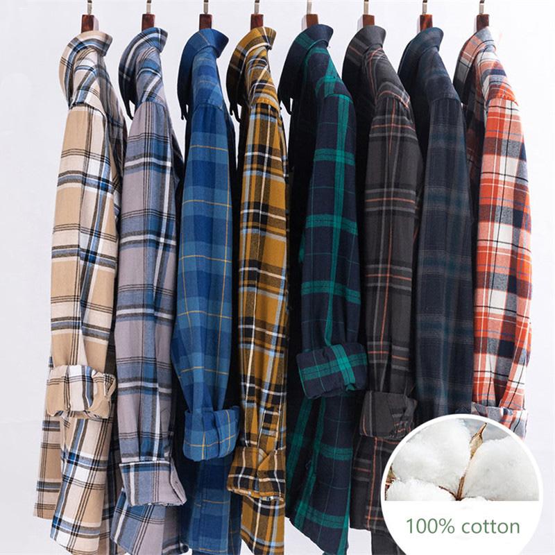New 100% Cotton Brushed Long Sleeved Shirts for Men Slim Fit Formal Soft Plaid Casual Blouses Business Designer Checked Clothes