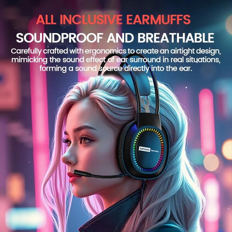 Căști Originale Lenovo E03 cu Fir, cu Lumină RGB, cu Microfon, Mufă USB, Difuzoare Imersive de 50mm, Sunet 7.1 HD, Reducere Zgomot Apel, Căști Gaming Over-Ear