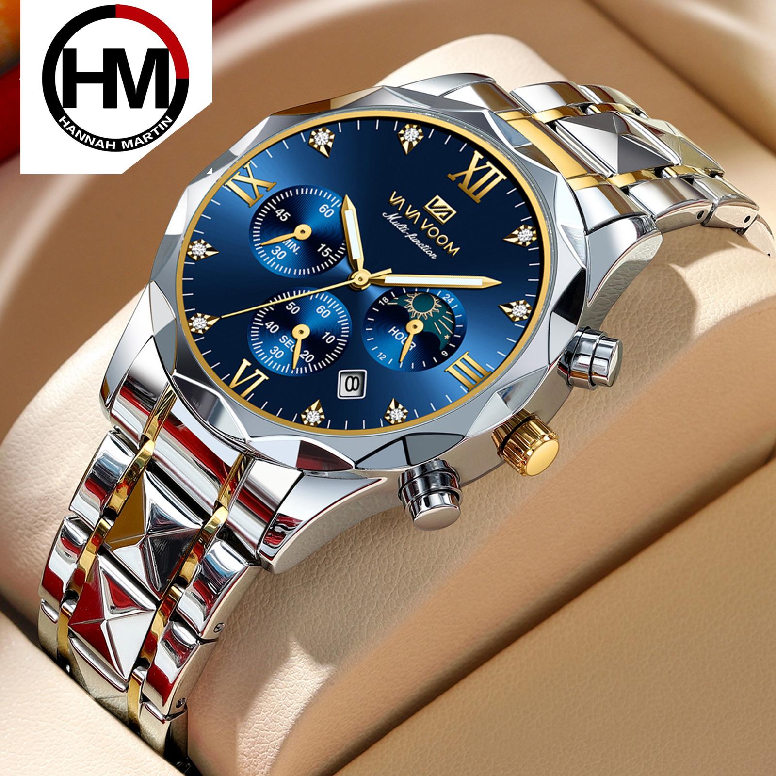 

Водонепроницаемые модные крутые мужские часы с заклепками, инкрустированные бриллиантами, мужские часы, светящийся хронограф, календарь, многофункциональные кварцевые мужские часы