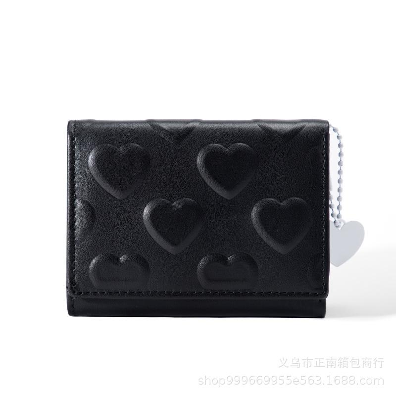 2024 Women'S Money Clip Solid Color Love Imprinted PU Leather Short Coin Wallet Three Fold Multi-Card Slot Card Bag Credit Card