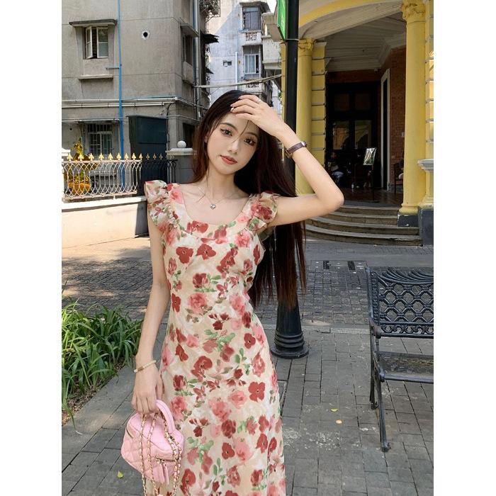 French Retro Floral Dress Women's Summer New Flying Sleeves Design Feeling Waist and Thin A-shaped Long Dress