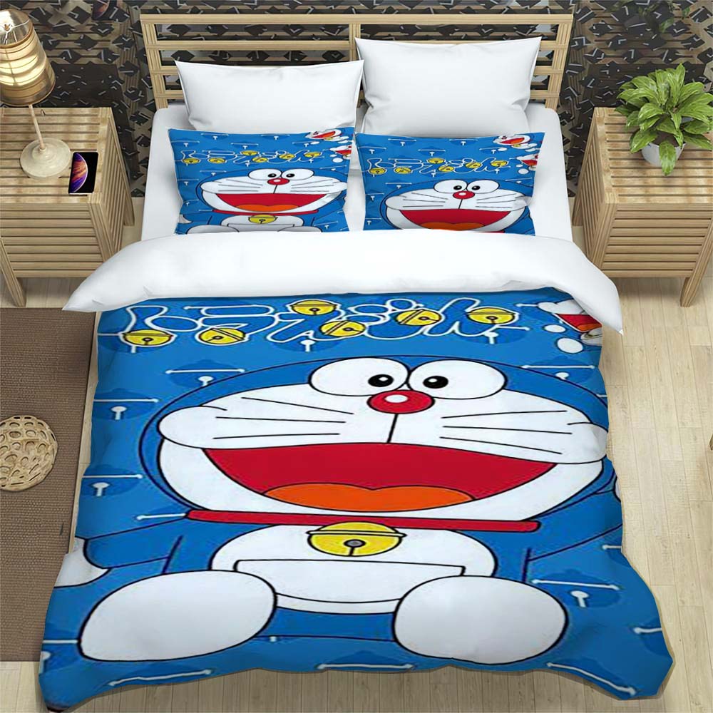 Doraemon Anime Serie Bettwäsche-Set, Inklusive Bettbezug und Kissenbezügen, 3-teiliges Set; Schlafzimmerdekoration kann individuell gestaltet werden.