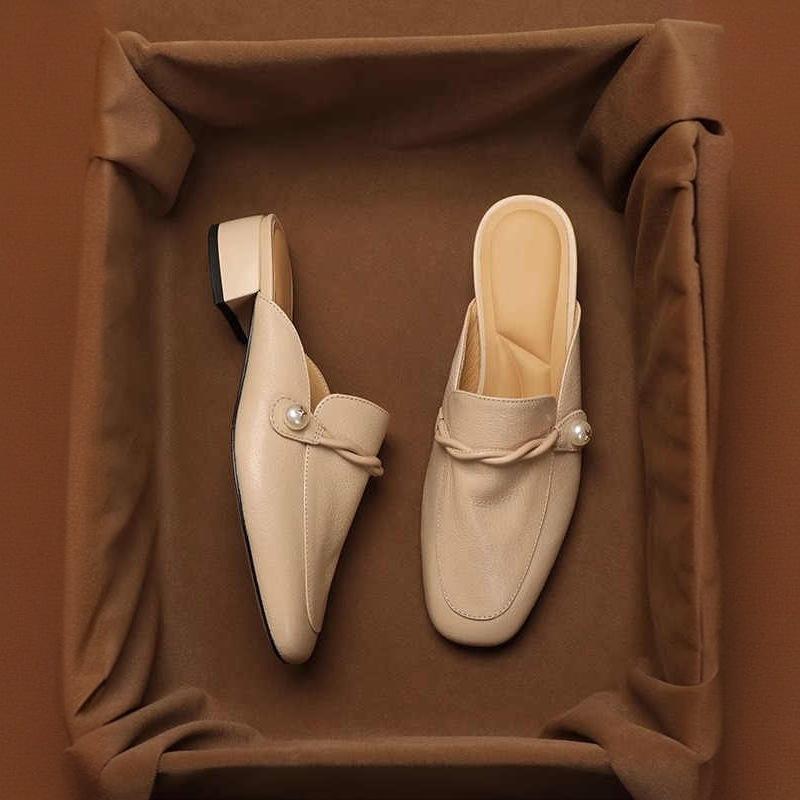 Fashion French Style Slimming Soft Leather Mule Sandals Women Mid Heel Chunky Heel Summer Slip On Shoes