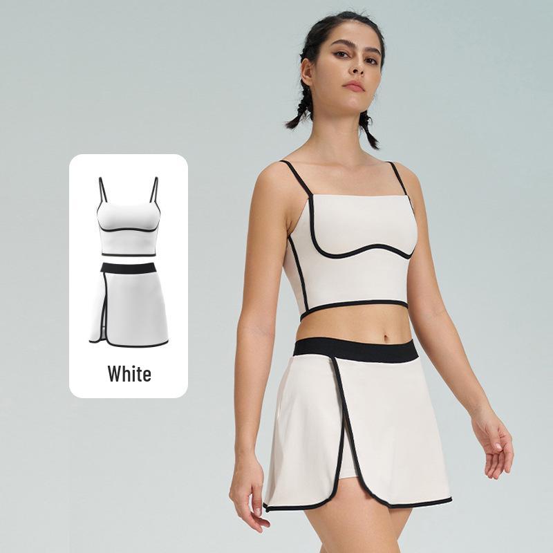 Women's Slimming Contrast Color Tennis Set, Quick-Dry Yoga Fitness Vest & Skirt with Chest Pads, Two-Piece Activewear.
