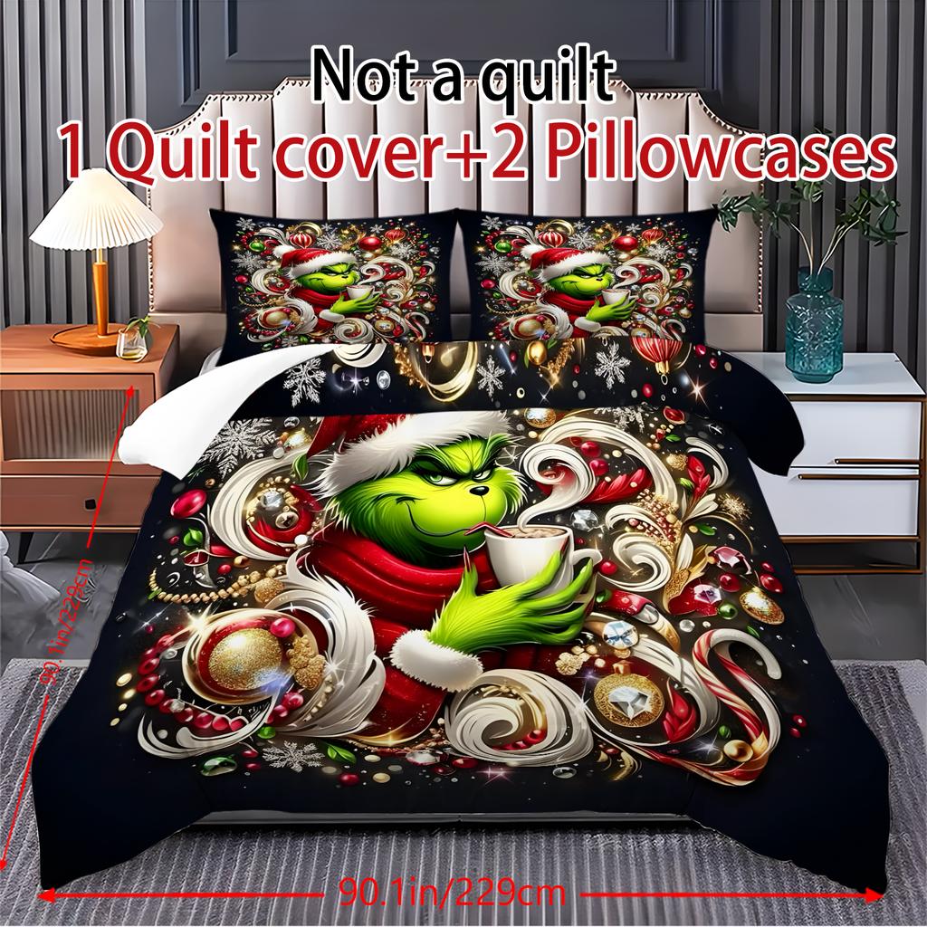 Mit Weihnachtsdekoration bedruckter Bettbezug, superweiche gebürstete Mikrofaser, bequemes Doppelbettset mit Reißverschluss und 2 Kissenbezügen