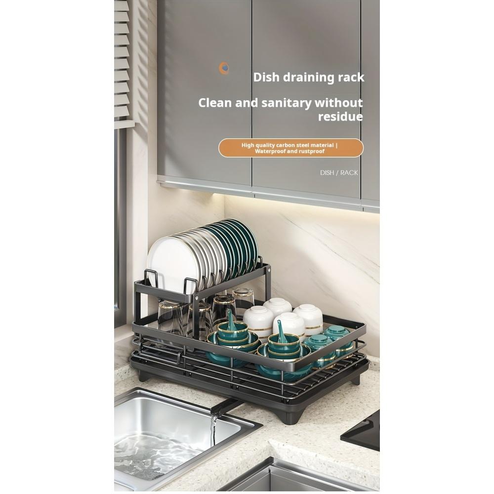Moderní dvoupatrový kovový odkapávač na nádobí, organizér na kuchyňské desce s odkapávací deskou