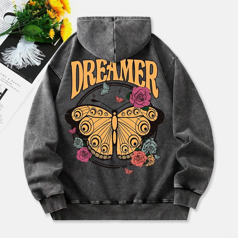 Vintage Butterfly Washed Hoodie Womens Dreamer Letter Cotton Sweatshirt Long Sleeves Pocket Oversize Hoody Clothes