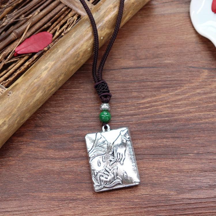 Handmade Retro Cotton and Linen Tibetan Silver Pendant Necklace Medium and Long Flower Versatile Sweater Chain Women's Simple Accessories