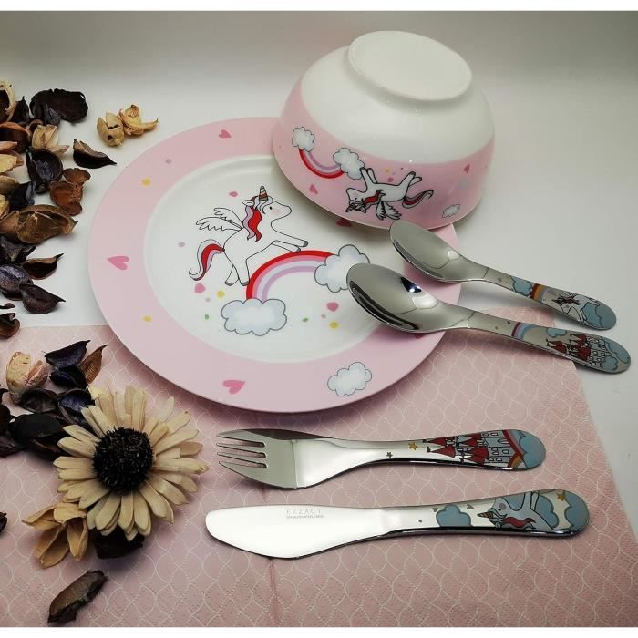 Service de table enfants - exzact - licorne - 6 pièces - plastique - compatible lave-vaisselle
