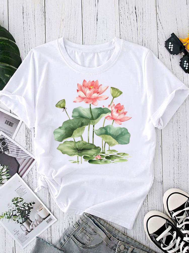 (Asian Size) sweet lovely flower Tee Fashion Print Casual Top O-neck Short Sleeve T-shirts T Graphic Female Women's Clothing