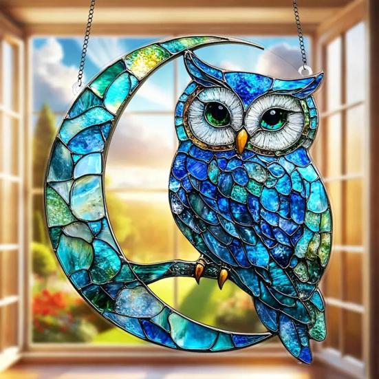 Owl Ornament Stained Glass Blue Green Sun Catcher Enchanting Birds Window Hanging Panel Kitchen Window Decor