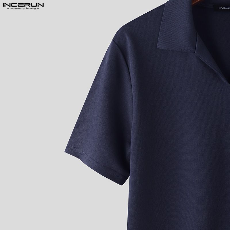INCERUN Men Lapel Neck Short Sleeve Solid Color Casual Fitted T-shirts Tops