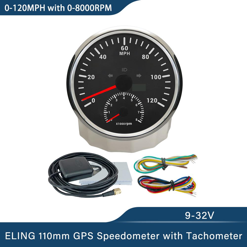 ELING Car 110mm GPS Speedometer 0-120K 0-200K 0-120M 0-160M with 8000RPM Tachometer with Red Backlight for Yacht Trucks 12V 24V