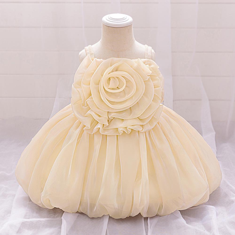 Toddler Princess Dress with 3D Rose Flowers and Shiny Satin Puff Sleeves