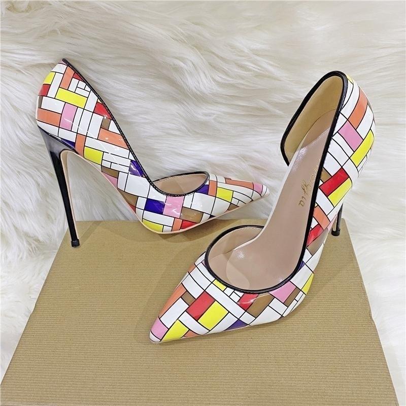 Women's Sexy 12cm Color Checkered High Heels, Patent Leather, Pointed Fashion Party Shoes, Dress Shoes, Thin Heels 10cm
