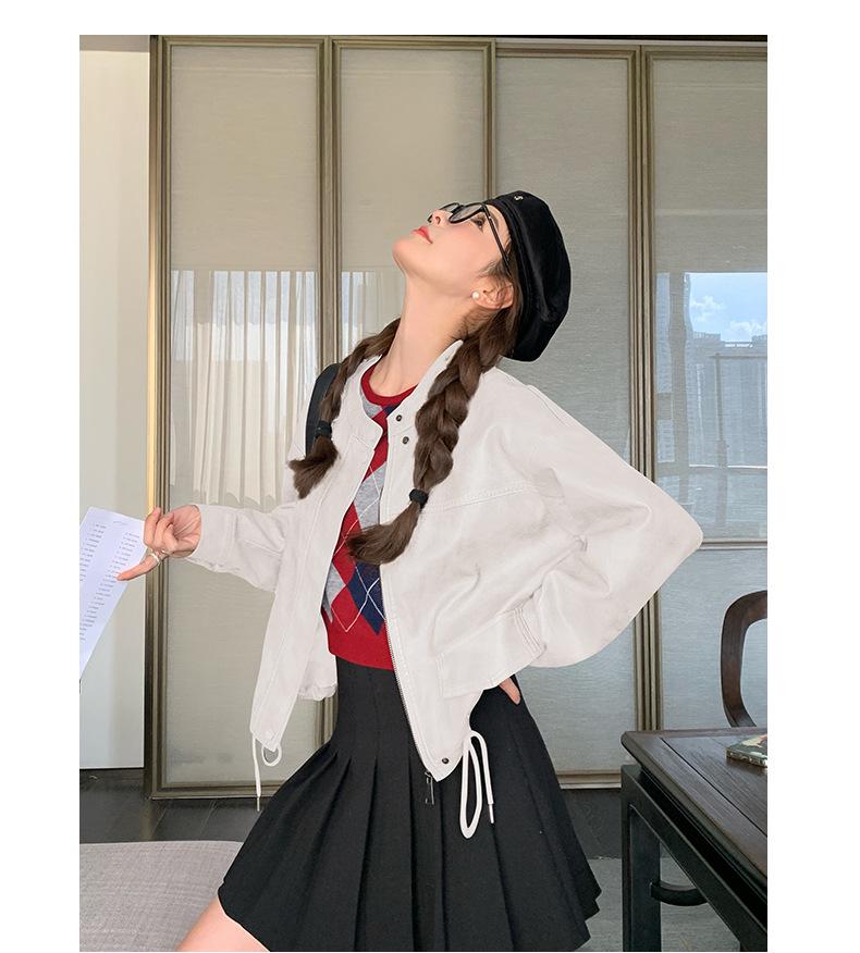 American Retro Casual PU Leather Drawstring Jacket - Autumn 2024, Small Size, Loose Fit, Age-Reducing Design