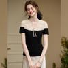 Bailuyu Women's Elegant V-Neck Lace T-Shirt with Bow Detail