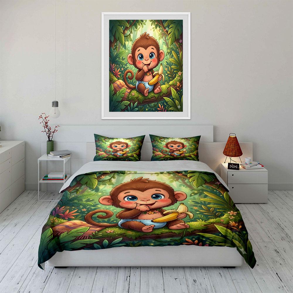 Süßer Affe im Wald Cartoon-Druck Bettwäsche-Set 1 Bettbezug 2 Kissenbezüge für Erwachsene und Kinder Luxuriöses Geschenk Vollgröße