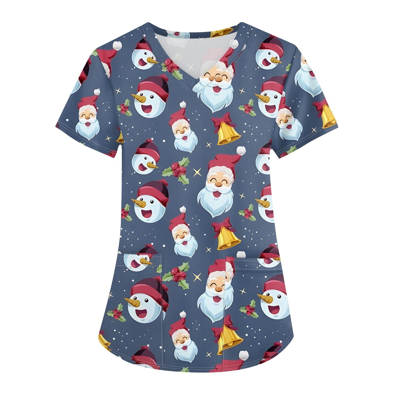 

Женская мода с v-образным вырезом, короткими рукавами и карманами, топы с рождественским принтом M синий