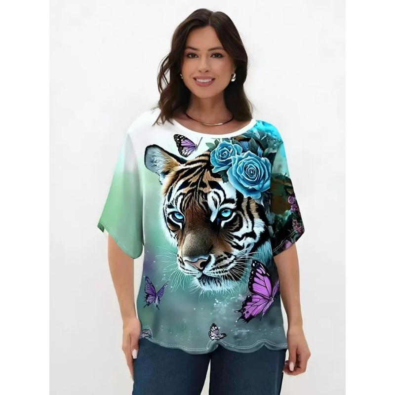 3D Printed Women's Round Neck Tiger Pattern T-shirt Multifunctional Summer Fresh Women's Version T-shirt Breathable Machine Wash Outdoor Top