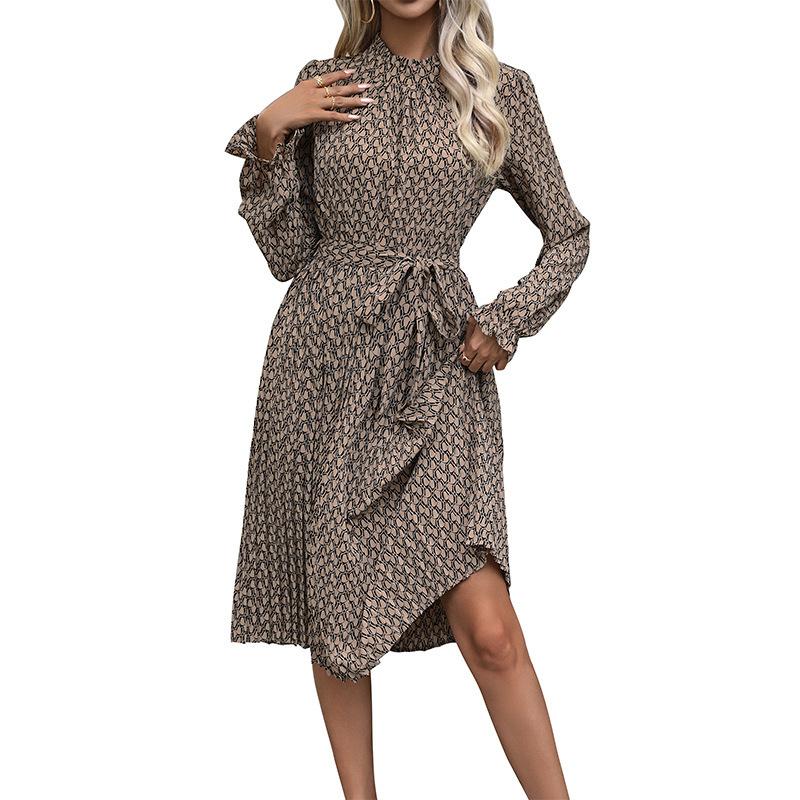 Amazon's new European, American autumn cross-border commuting dating ruffle edge geometric printing long-sleeved dress with lace-up