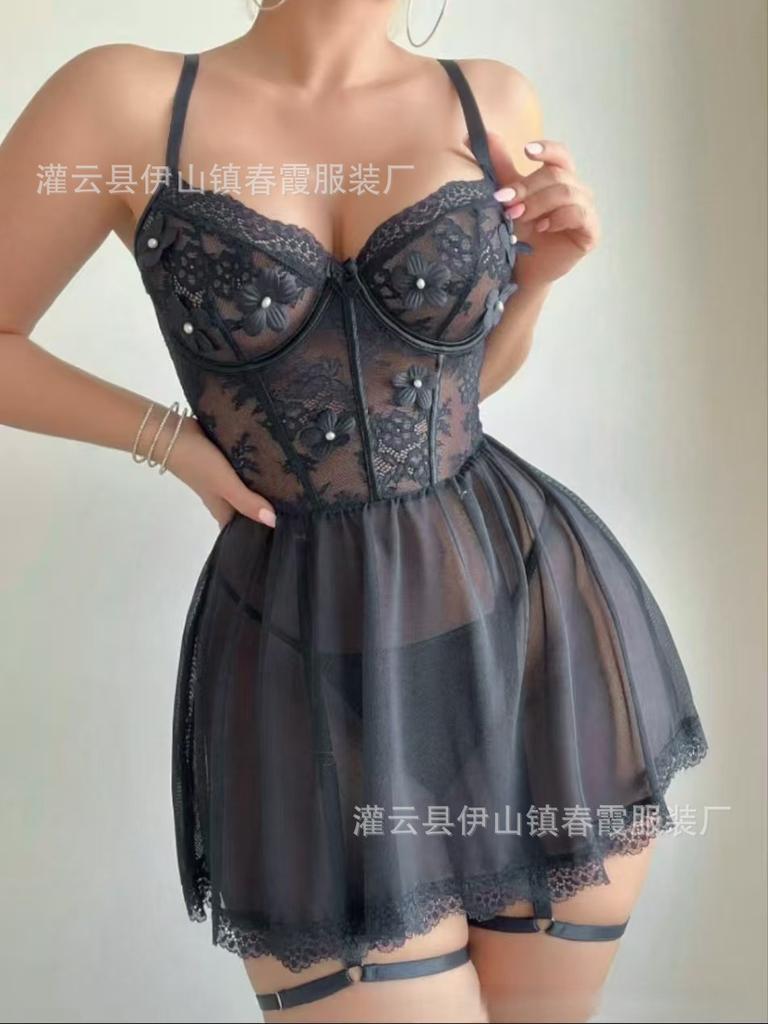Black Straps, Breast-showing Underwear, Sexy Mesh Set, European and American Pajamas.
