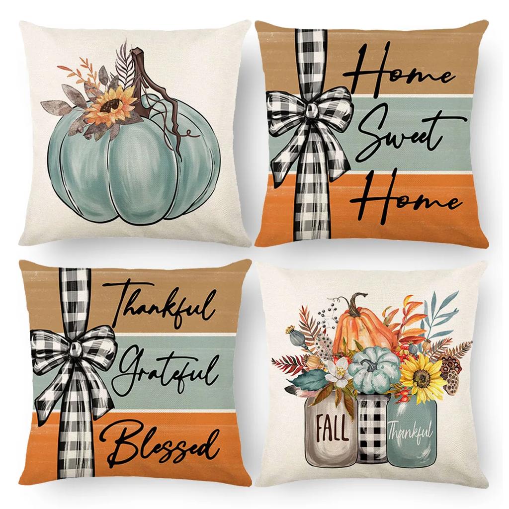 4pcs Fall Thanksgiving Pillow Cover Pumpkin Design Thanksgiving Linen Cushion Cover Happy Autumn Thanksgiving Holiday Decoration