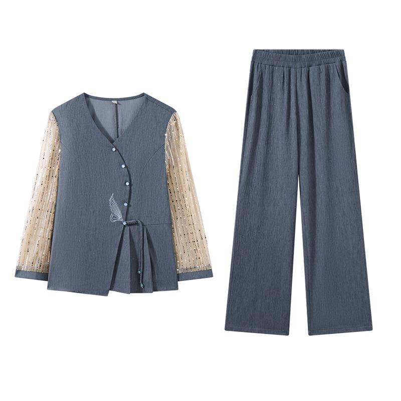 Mom's Summer Slimming Top & Elegant Wide-Leg Pants Set for Middle-Aged Women