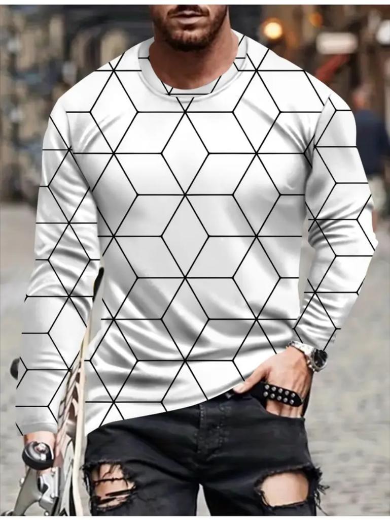 T Shirts for Man Geometric Block 3D Print Autumn Long Sleeve T-Shirt Pullover Casual Male Tops Street Lightweight Men's Clothes