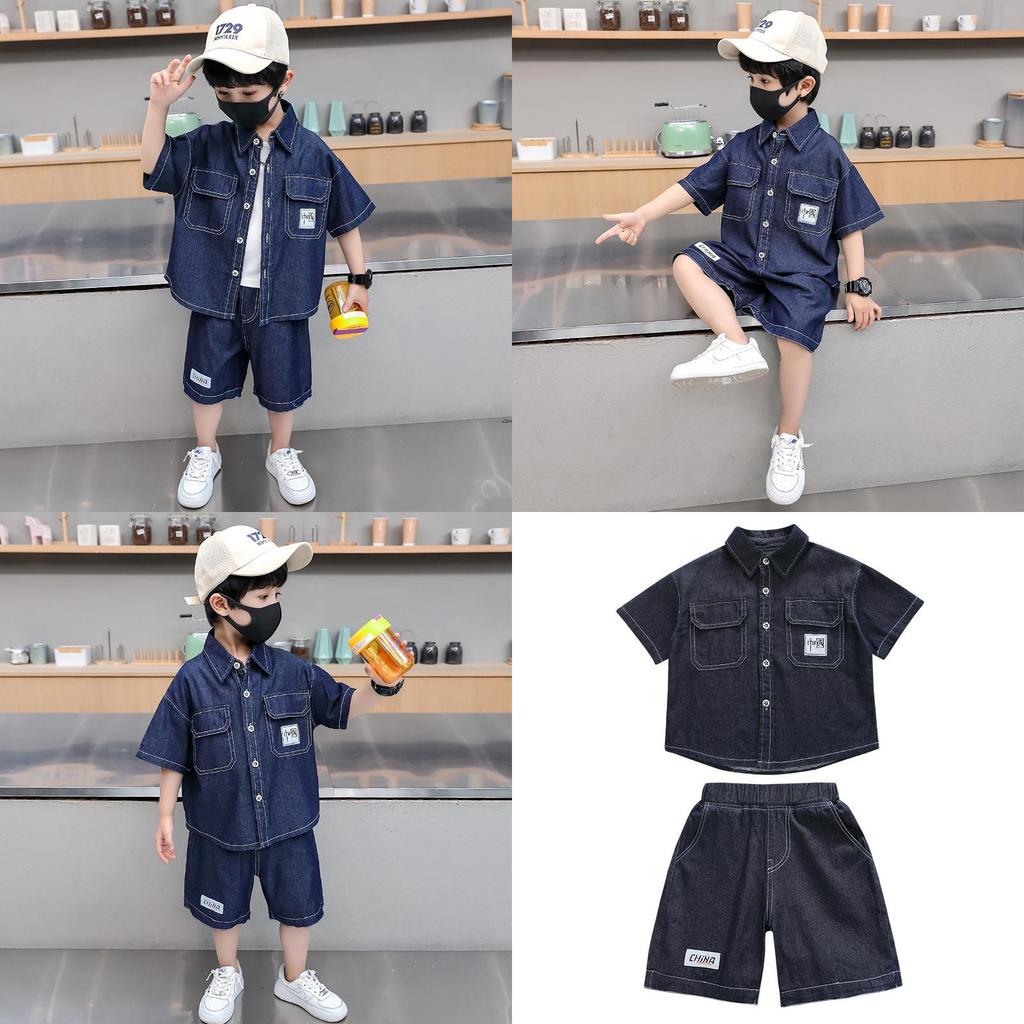 Trendy Blue Boys Denim Short Sleeve Set For Summer Stylish Casual Outfit For Kids