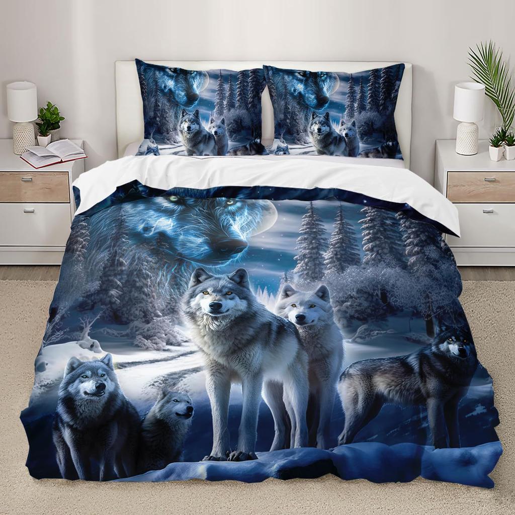 Night Forest Animal Wolf Three-piece Quilt Cover 3D Digital Printing Bedding Set Bed Cover