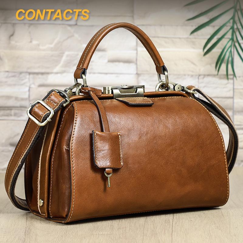 Full-Grain Lambskin Leather Crossbody Handbag with High-End Metal Lock for Women